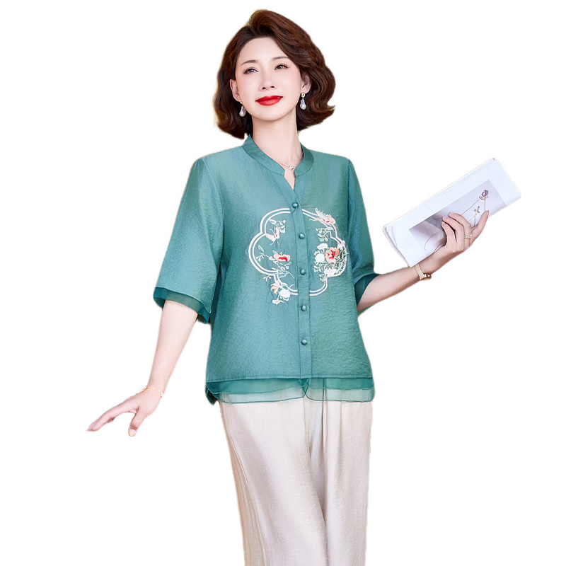 Hodo New Chinese Style Summer Shirt Set for Moms 2026 New 50-60 Years Old Middle-aged and Elderly Women's Two-piece Top Set