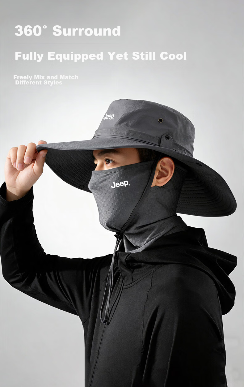 JEEP Men's Summer Sun Protection Fisherman Hat Large Head Circumference Breathable Neck Guard UV Protection Wide Brim Sun Hat 5