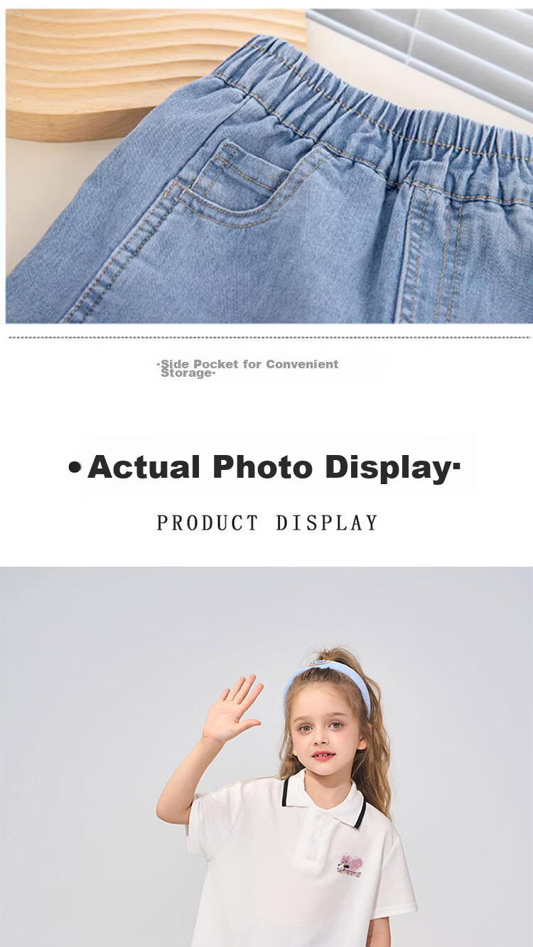 Disney Kids Summer New Polo Shirt and Denim Jeans Set College Style Versatile Pants and Top White+Blue 120 7