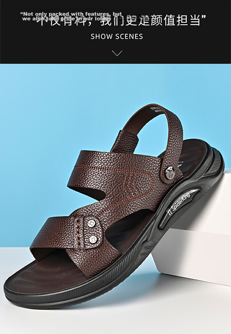 Spider King 2026 Summer New Men's Beach Sandals Genuine Leather Soft Sole Dual-Wear Slippers for Middle-aged and Elderly Dads Black Size 39 13