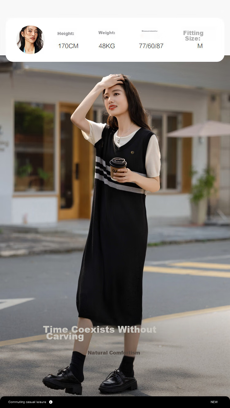 Demana [Mulberry Silk and Wool Blend] Spring Faux Two-Piece Short Sleeve T-Shirt Dress Slim Fit Women's Set 9