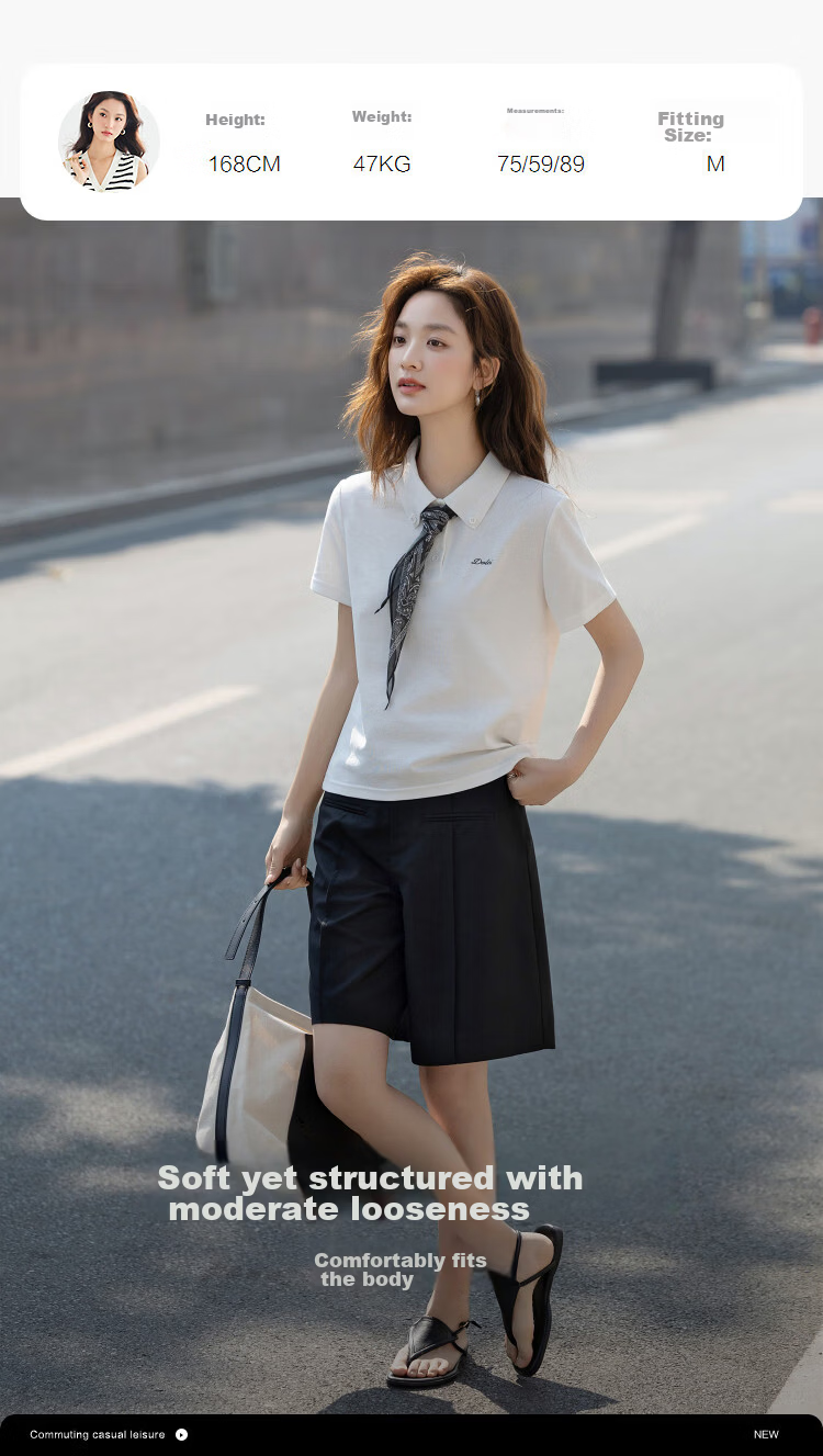 Demana [Refreshing Cloud Oxygen Cotton] Summer Pique Mesh Polo Collar Ribbon Embroidered Slim Fit T-Shirt for Women Premium Feel 9