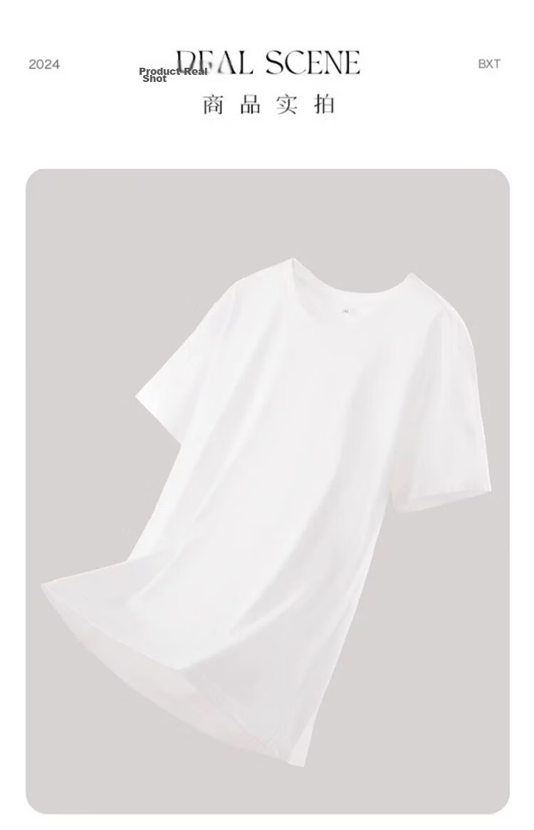 Borui 200g Heavyweight Pure Cotton Crew Neck Basic T-Shirt White Short Sleeve Loose Solid Color Women's Summer Top 19