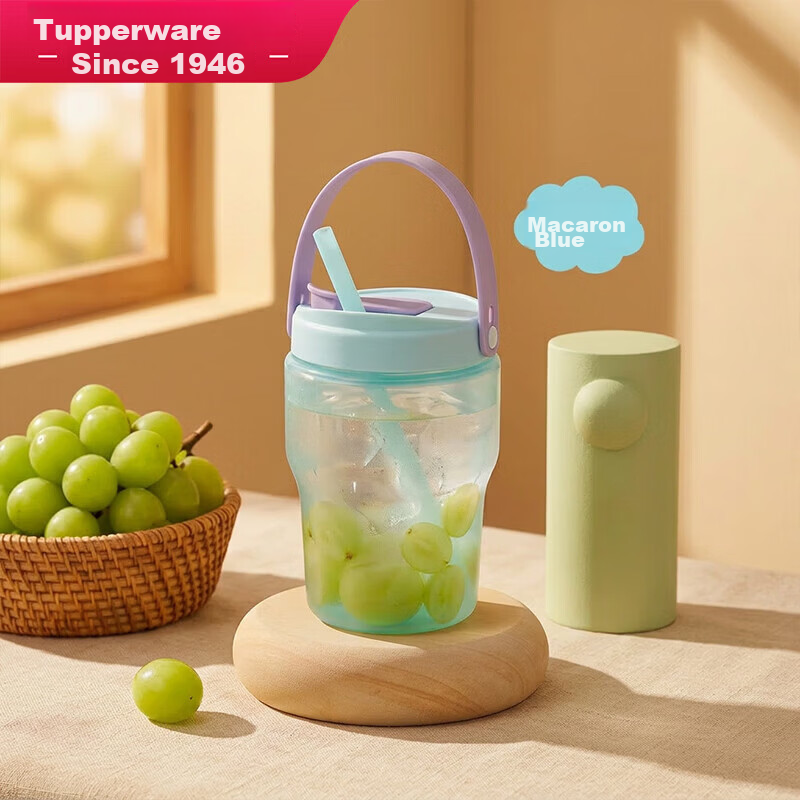 Tupperware 550ml Portable Sealed Straw Water Bottle for Girls and Students Summer Homemade Drinks Milkshake Macaron Blue