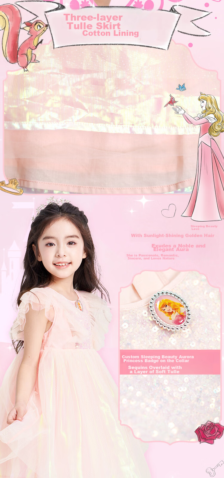 Disney 2026 New Summer Girls' Dress Ruffled Sleeping Beauty Princess Thin Mesh Dress 150CM 4