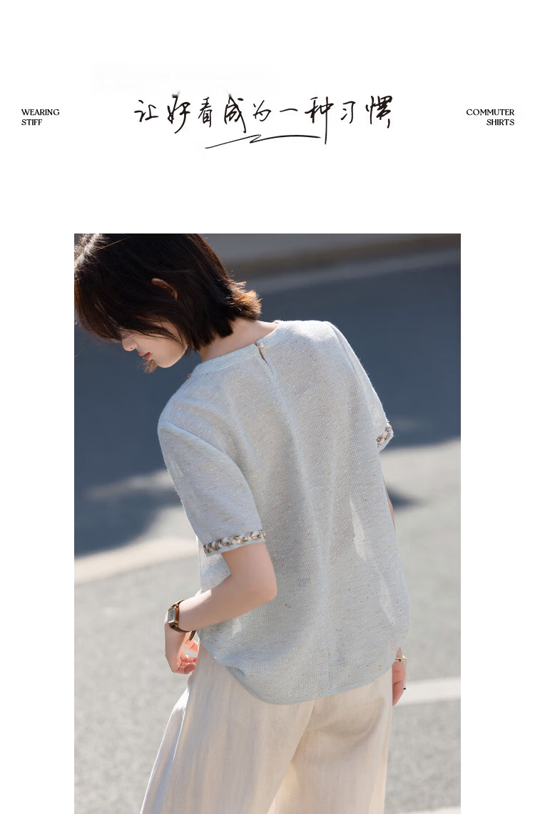 Demana [French Heiress] Summer Little Coco Style Ribbon Round Neck Short Sleeve Loose Slim Fit Petite Shirt for Women High-End Feel 13