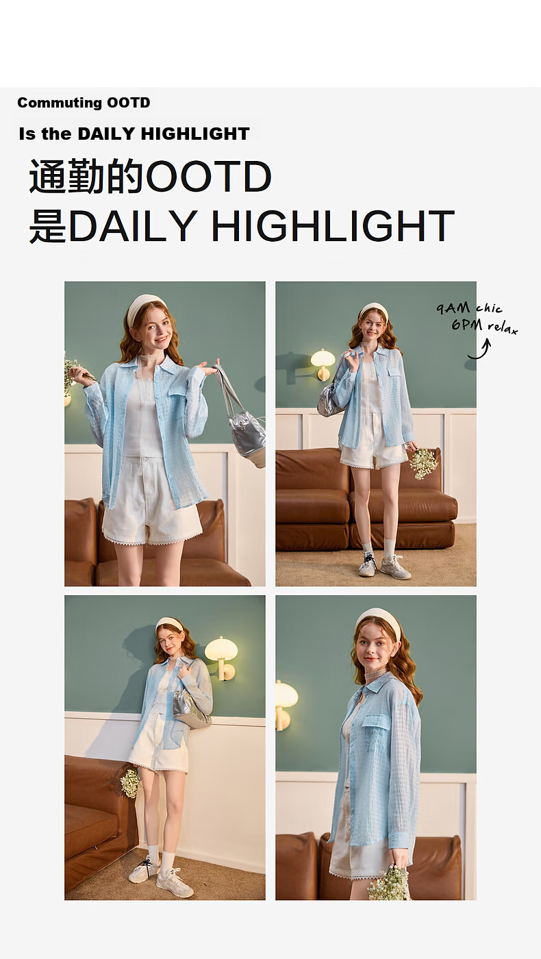 TonLion 2026 Spring Women's Light Blue Long Sleeve Shirt with Lapel Collar M 5