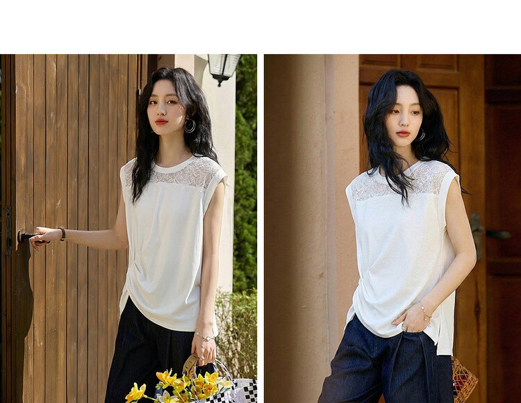 Demana [Cooling Black Technology Sorona] Summer Elegant Lace Splice Crew Neck Pleated Hem Short Sleeve Women's T-Shirt 14
