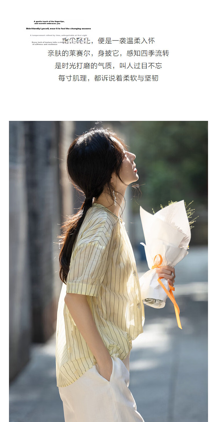 Demana [Comfortable Lyocell] Summer Textured Half-Placket Lace Collar Striped Embroidered Loose Slimming Shirt for Women Premium 4
