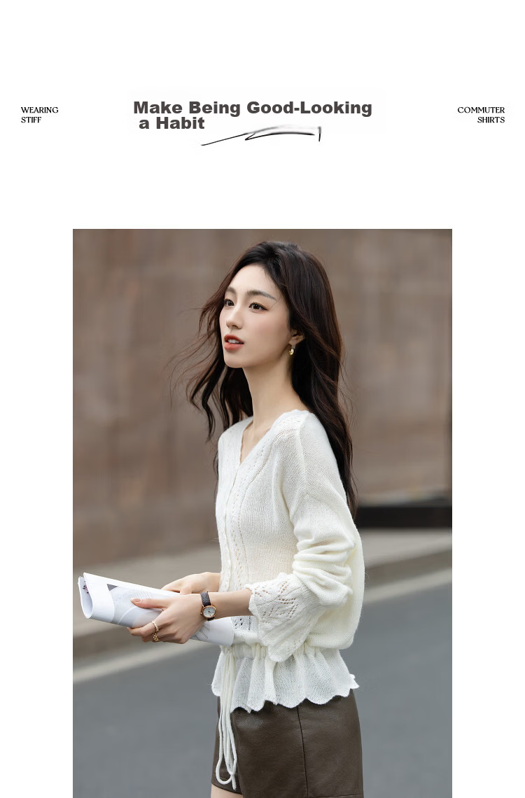 Demana Mohair Wool Blend Autumn V-Neck Hollow Jacquard Ruffle Drawstring Slim Knit Sweater for Women 10