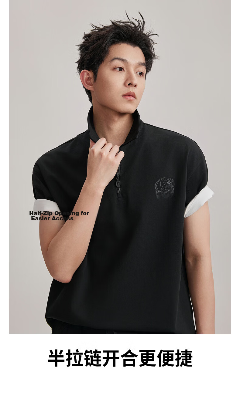 CABBEEN Pure Cotton Semi-Bleached Plain Half-Zip Polo Shirt Men Vintage Street Print Summer Short Sleeve Breathable Polo Shirt 4