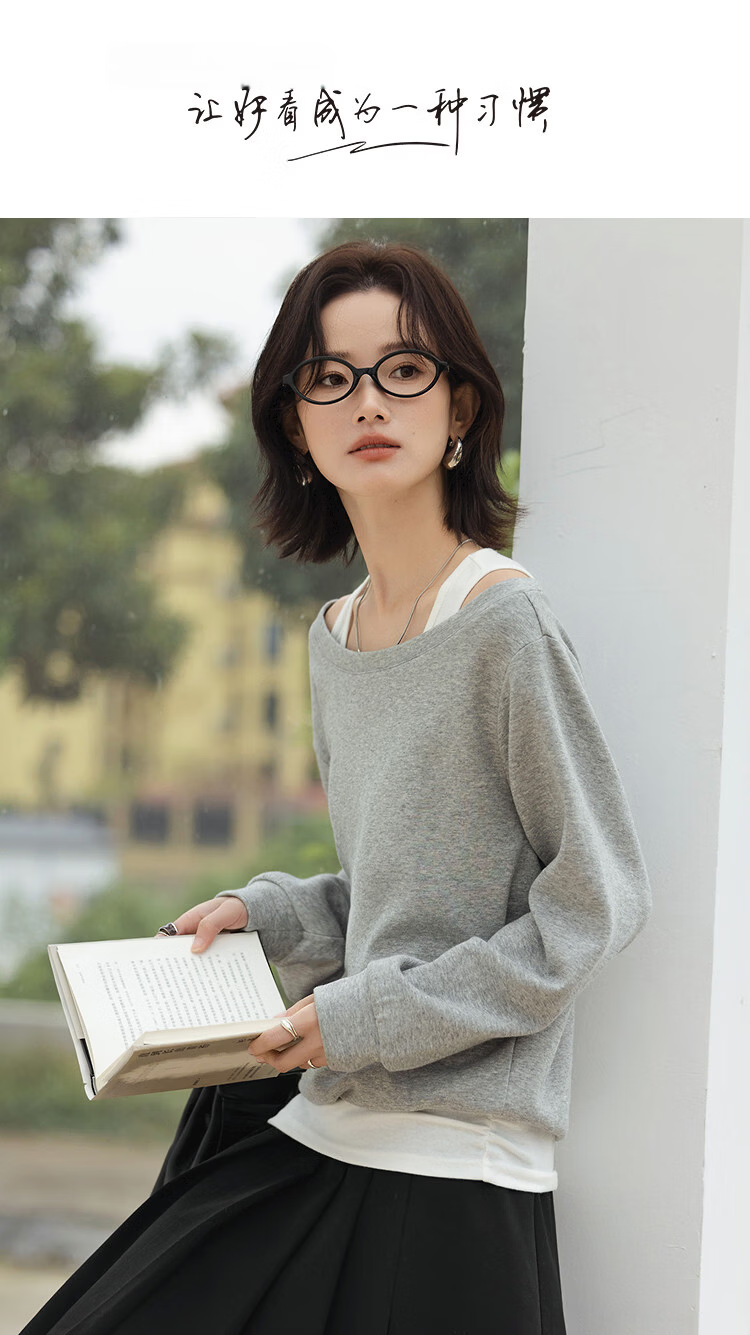 Demana [Comfort Elastic Air Layer] Spring Lazy Style Two-Piece Illusion Off-Shoulder Loose Slimming Concealing Sweatshirt for Women Premium Feel 1