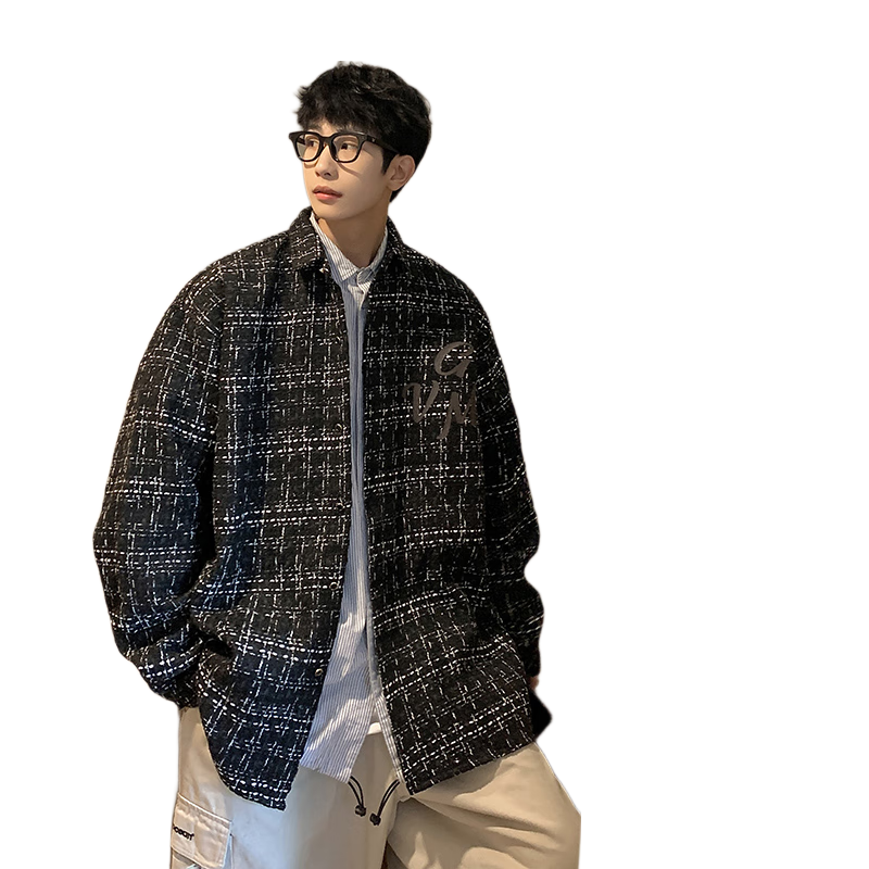 Foss Phil Men's Jacket for Spring And Autumn, Trendy Chanel-Style Outerwear with Plaid Lapel, Korean-Style Loose Top FPJK10 Black L