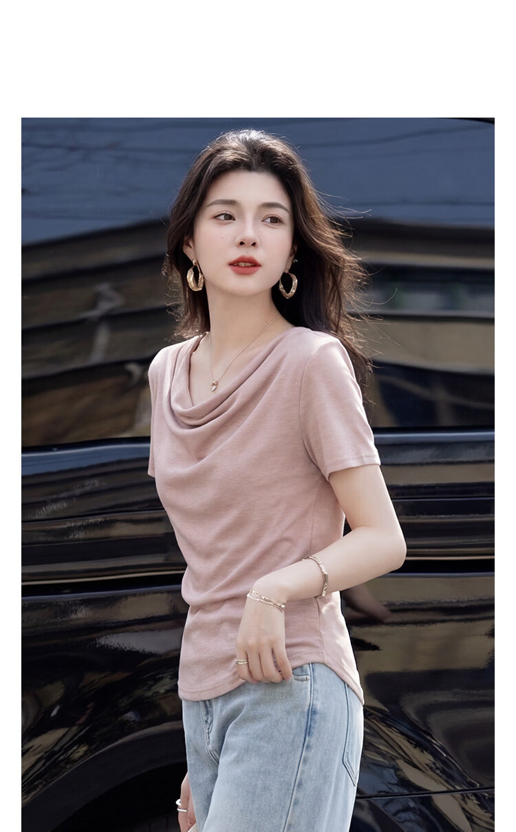 Demana [With Wool and Lyocell] Summer Elegant Draped Collar Soft Stretch Slim Fit Versatile Women's T-Shirt 14