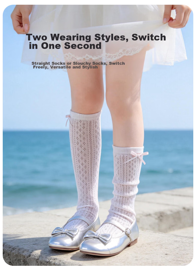 Aibaoqi Children's Long Tube Socks Summer Thin Girls Mesh Calf Socks Bowknot Ruffle Mid Tube Socks 2 Pairs T317 4