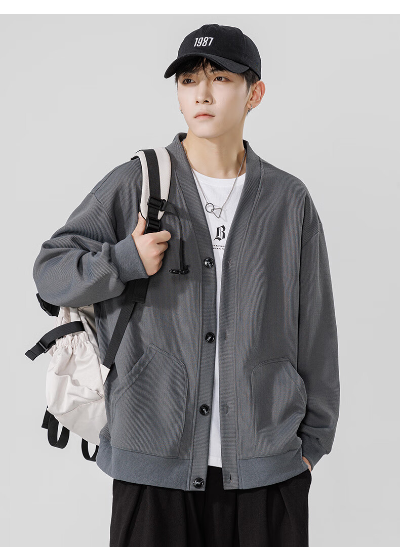 MMOPTOP Japanese-Style Solid Color Knit Sweater, Long-Sleeved Men's Spring And Autumn Vintage Loose V-Neck Cardigan MT2350 Black M 17