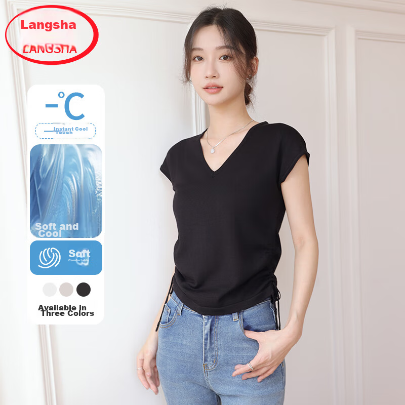 Langsha Women's Striped Short Sleeve T-Shirt Summer New Slim V-Neck Drawstring Top Simple Fashion Ice Silk Knitwear