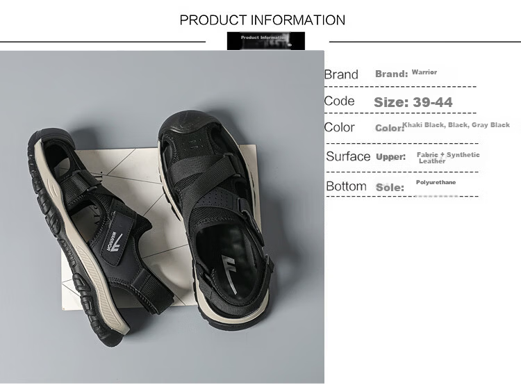 Warrior Men's Summer Breathable Sandals Closed-Toe Beach Commuter Shoes WSL(WZ)-1755 Khaki Black Size 39 2