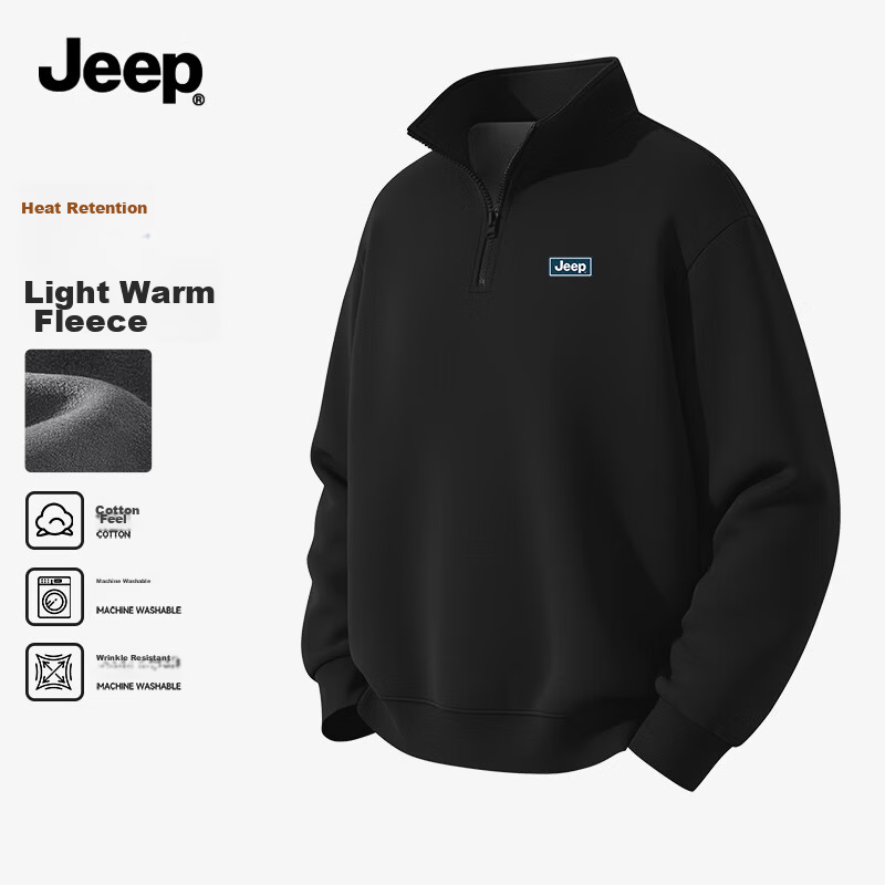 JEEP Men's Fleece-Lined Sweatshirt, Structured Drop Shoulder Casual Thickened Stand Collar Half-Zip Jacket, Black, M