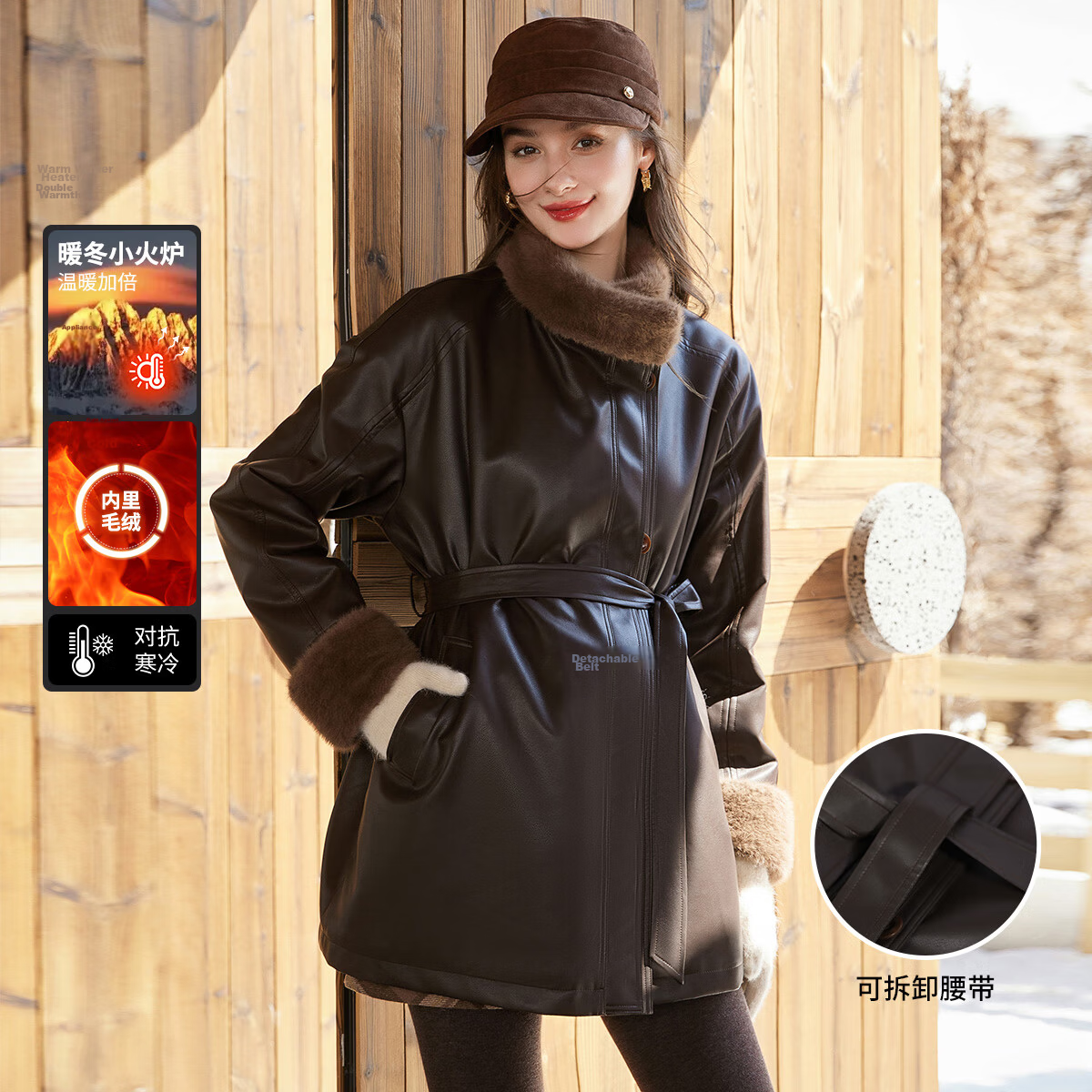Bailuyu Faux Mink Fur Stand Collar Waist-Cinched Coat 25 Winter New Fashion High-End Mid-Length Women's Overcoat Coffee Color XL