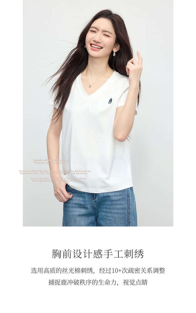 Sllsky Xinjiang Cotton V-Neck Shoulder T-Shirt Women 2026 Summer New Commuter Embroidered Short Sleeve Cool Top 4