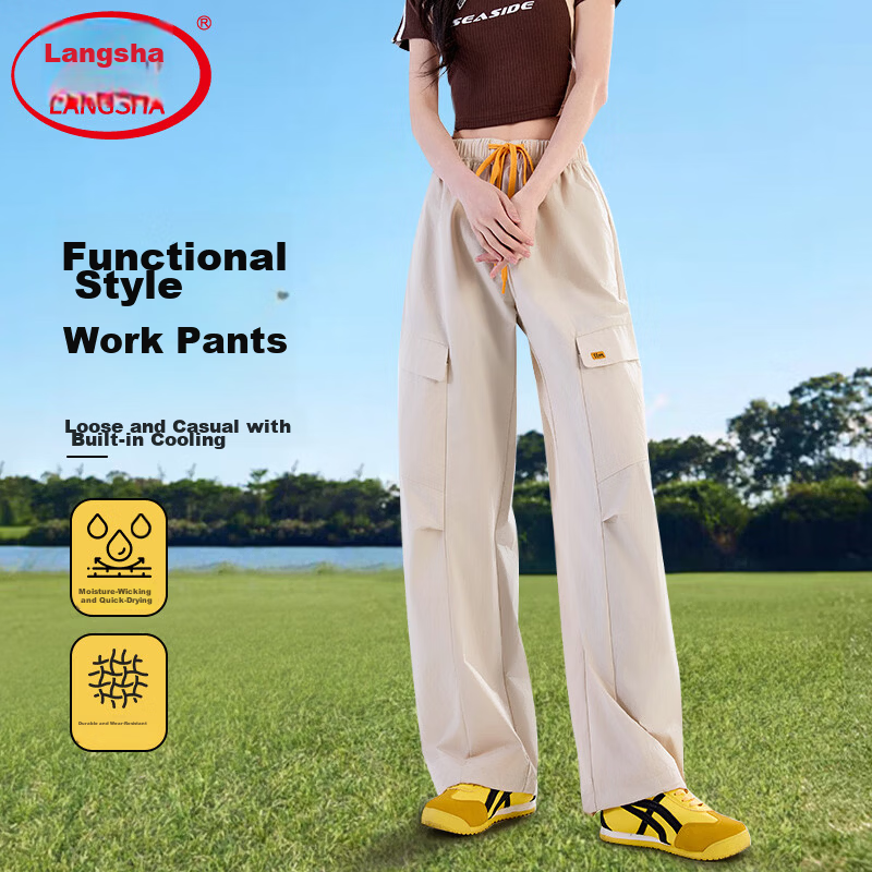Langsha Women's Wide-Leg Cargo Pants 2026 Summer Thin Fashion Loose Breathable Casual Sports Straight-Leg Jogger Hiking Pants