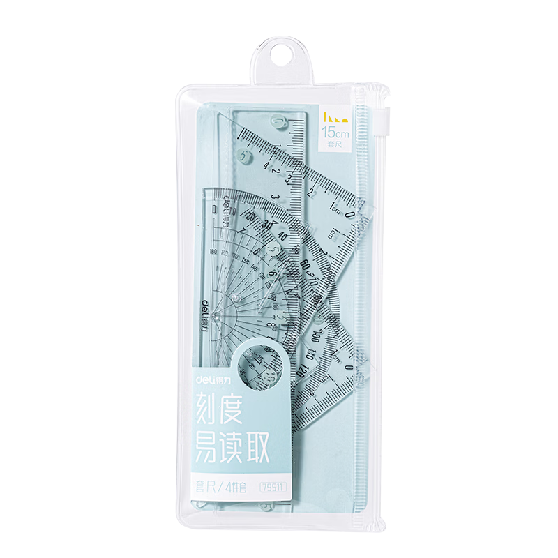 Deli Ruler Set, 4 Pieces, for Students' Middle School And College Entrance Exams And Drawing (1 Straight Ruler + 2 Triangular Rulers + 1 Protractor), Set with Transparent Scale, Clear Markings, High Transparency, Wear-Resistant, Wavy Edge