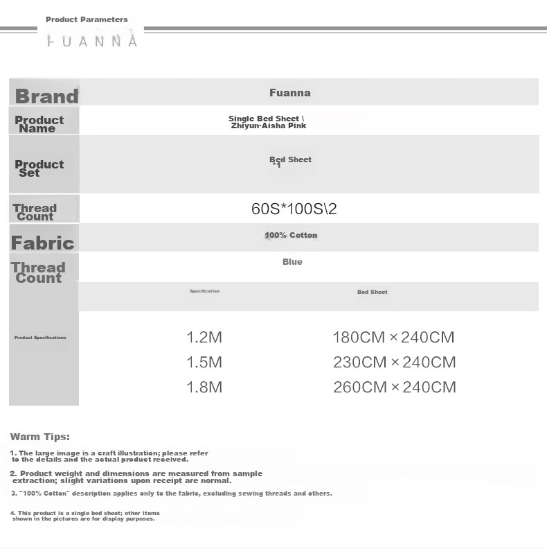 Fuanna Pure Cotton Bed Sheet 100s Double-Strand Long-Staple Cotton Sateen Bedspread Double Bed Sheet 1.8x2m 10