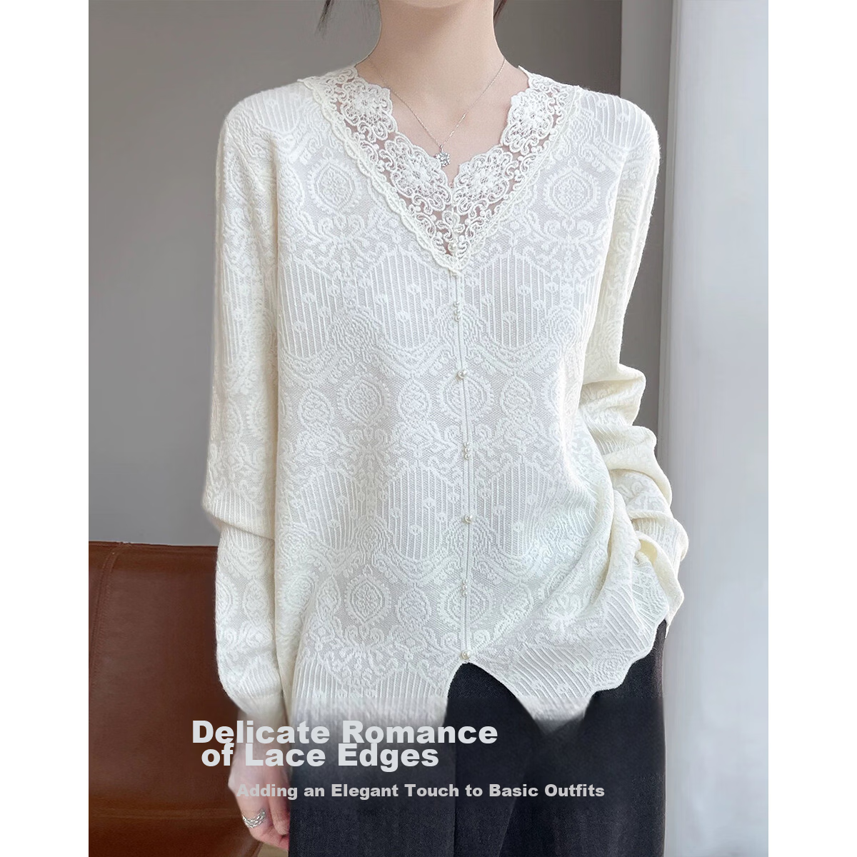 Demana Romantic Contract Spring Lady Style V-Neck Lace Trim Jacquard Slim Knit Sweater Women Premium Feel