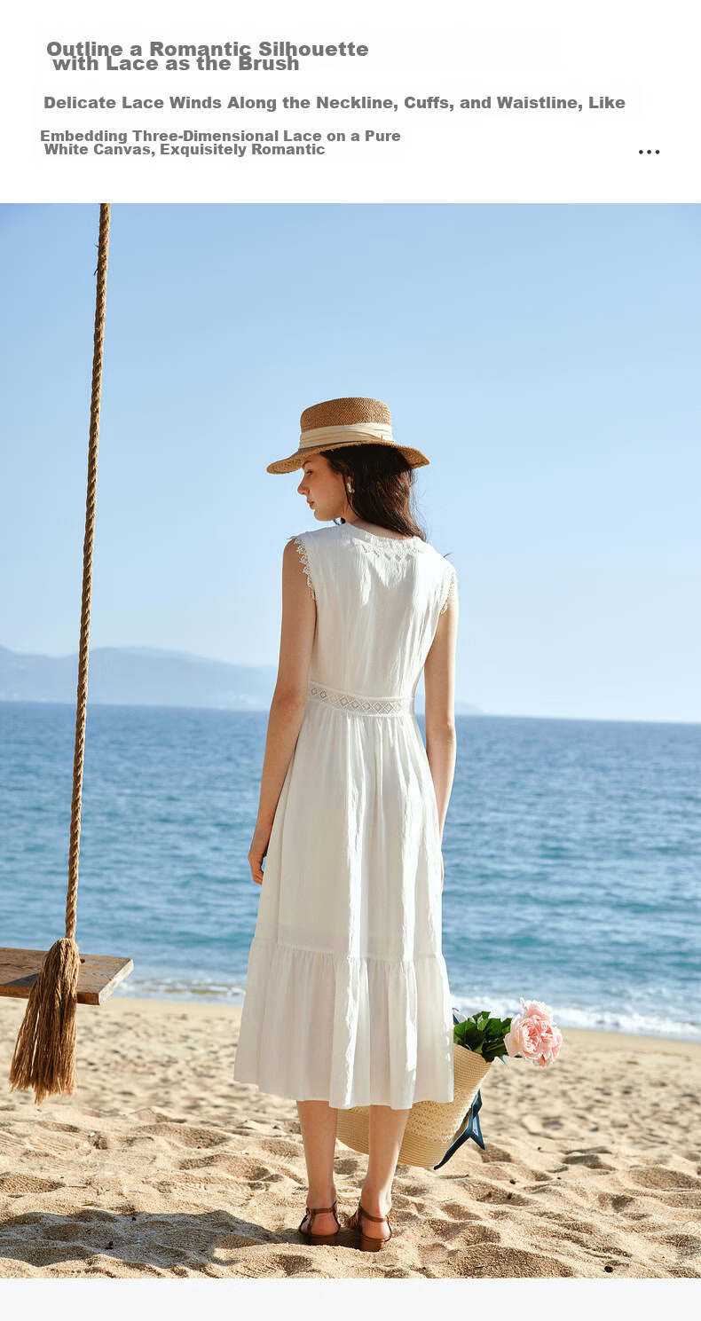 Olrain French Style V-Neck Lace Trim Waist Cinched Sleeveless Vest Dress Long Dress White M 11