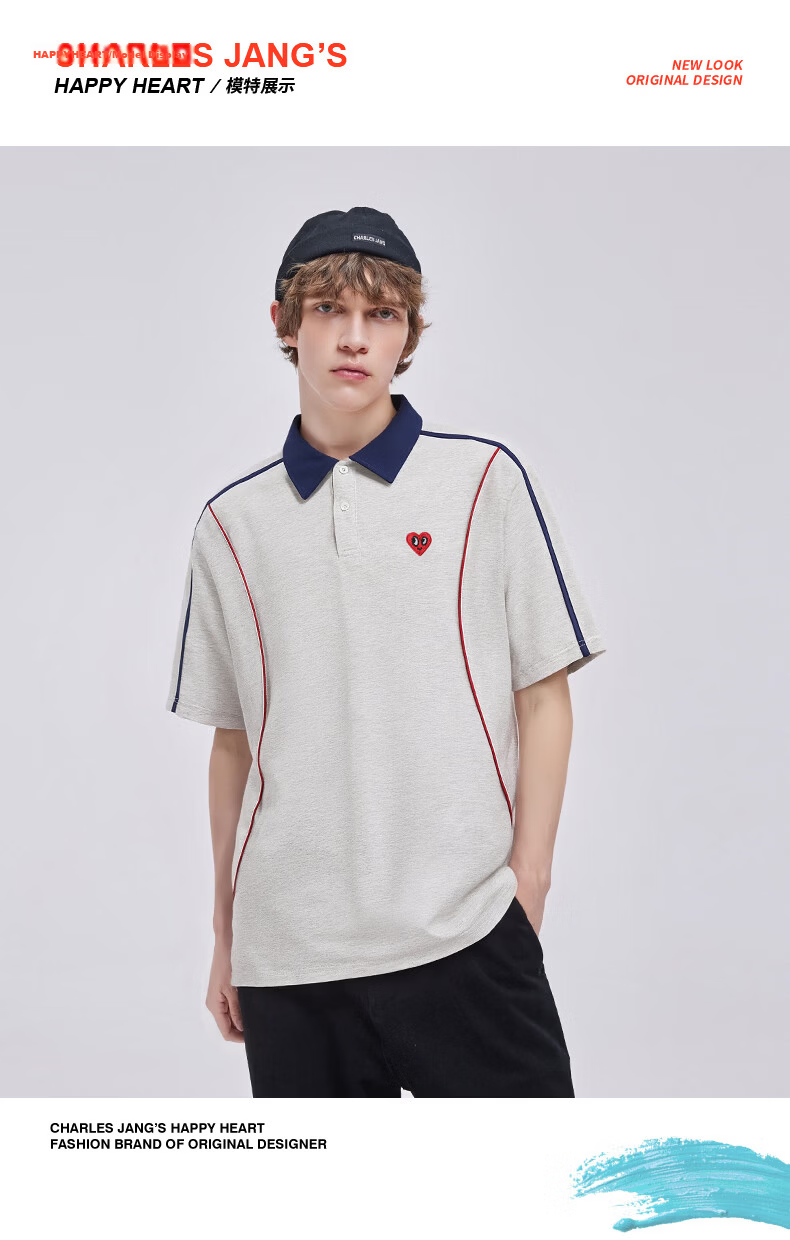 Charles Heart Summer Business Casual Patchwork Short Sleeve Polo Shirt Unisex Pure Cotton Versatile Couple Light Heather Gray M 11