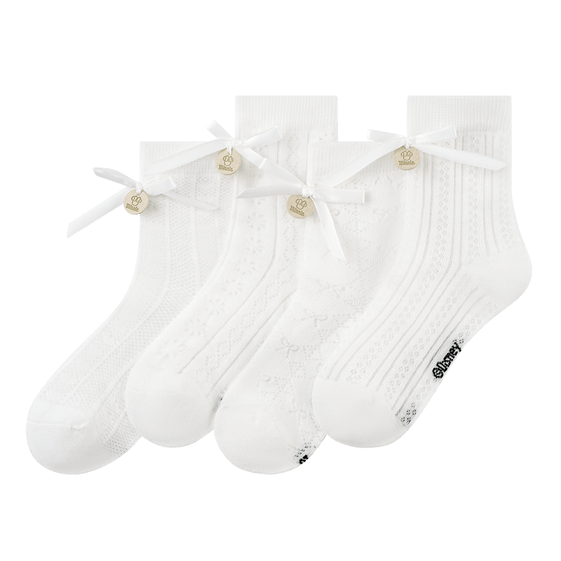 Disney Girls Seamless Socks 26 Summer Sweet Versatile Mesh Breathable Mid-Calf Socks 10A Antibacterial 4-Pack White M
