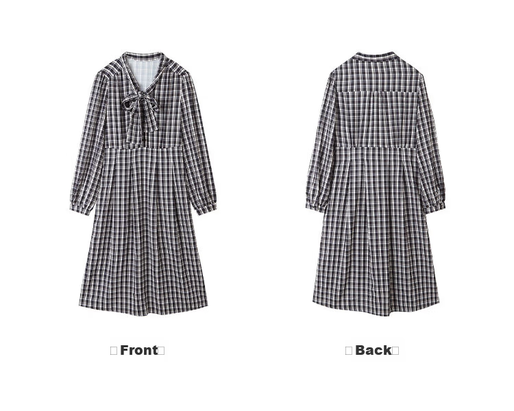 MT Black and White Checkered Bow Autumn Slim Fit Non-Stretch A-Line Long Sleeve Plaid Dress for Women 10