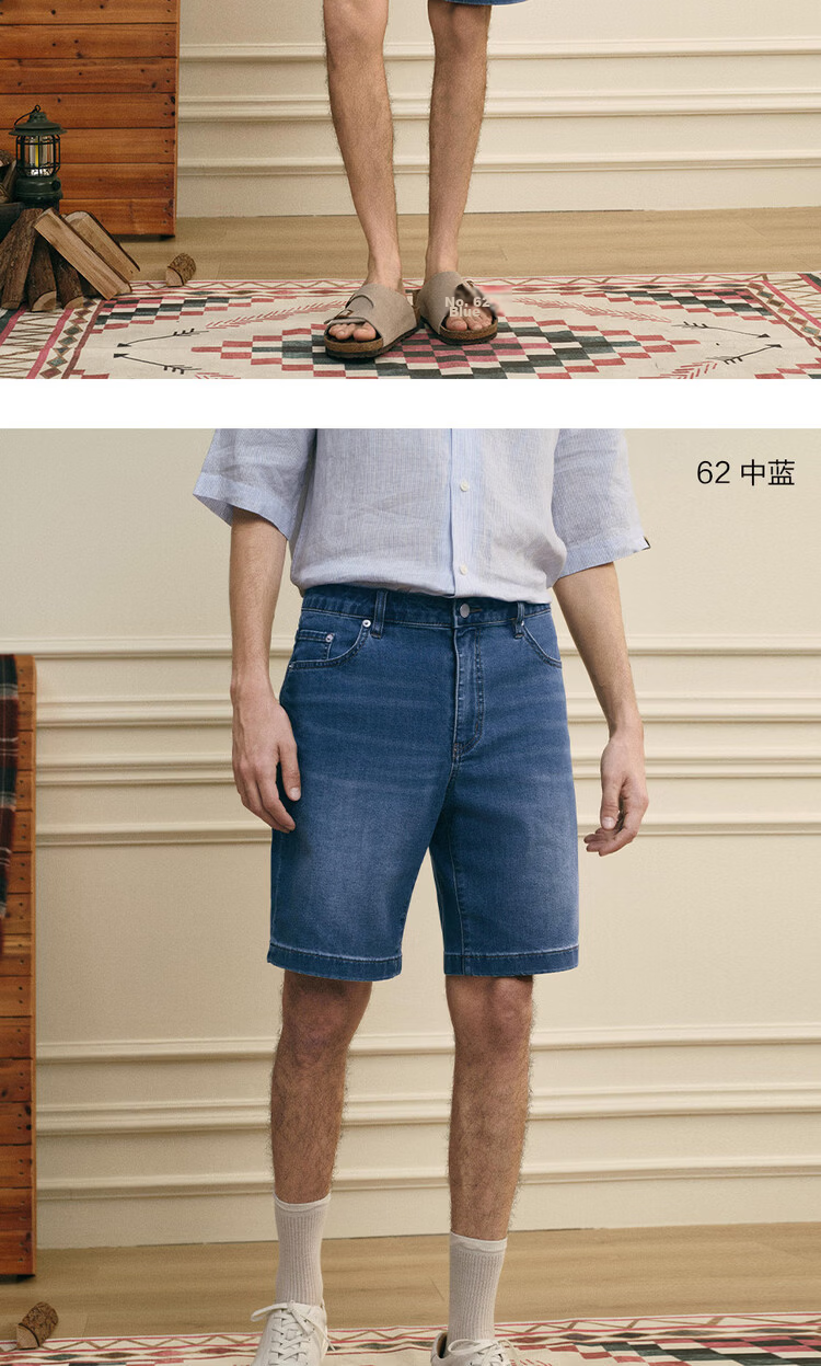 Giordano G+ 2026 Summer New Acetate Cool Feeling Leather Patch Mid-Rise Straight Leg Faded Denim Shorts for Men 01106348 17