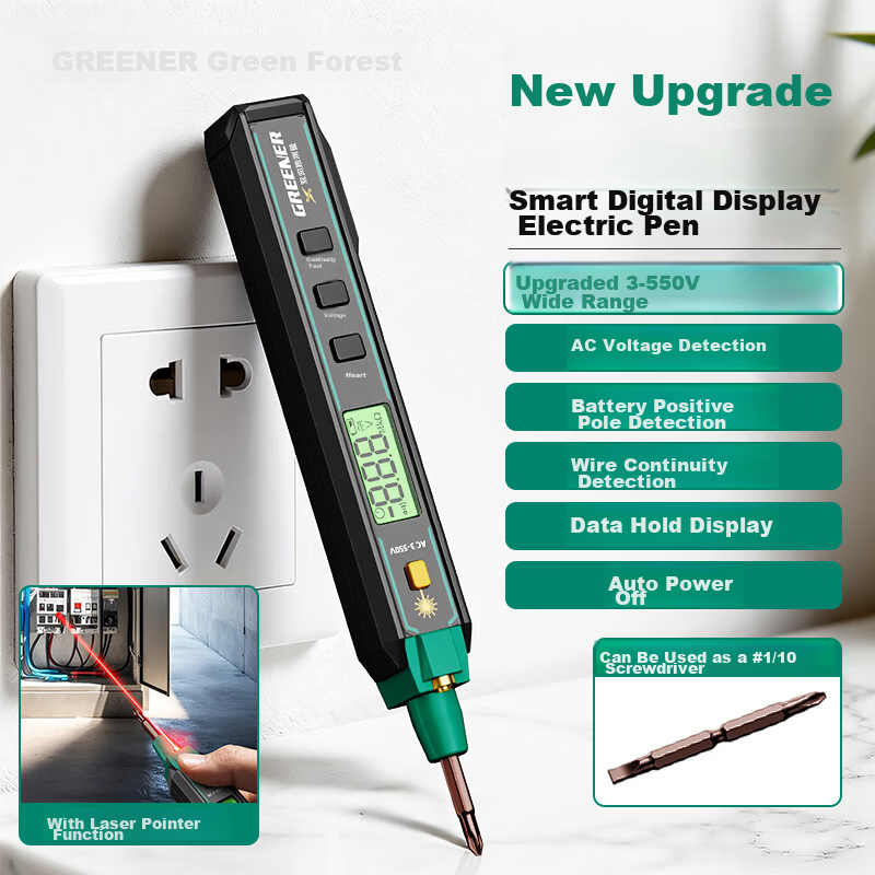 GREENER Electric Tester Pen Multifunction Digital Voltage Detector Screwdriver for Household Leakage and Wire Break Detection