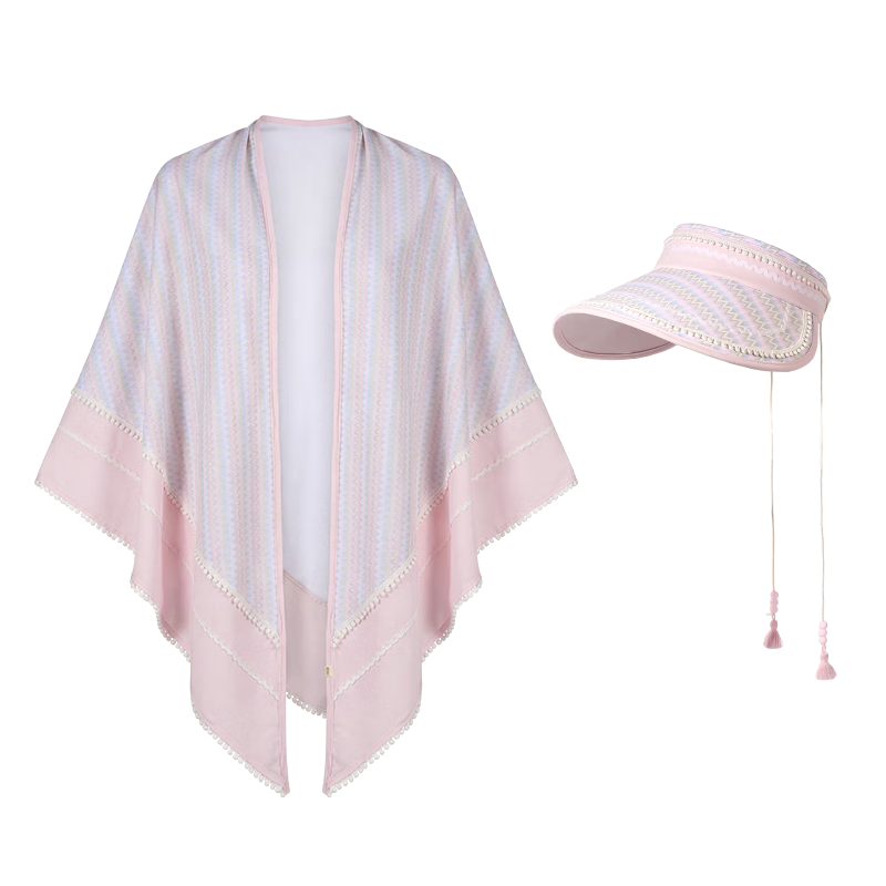 CACUSS Ice Silk Wide Brim Open Top Hat Women Summer Outdoor Sun Hat Beach Sun Protection Hat with Shawl Set Pink