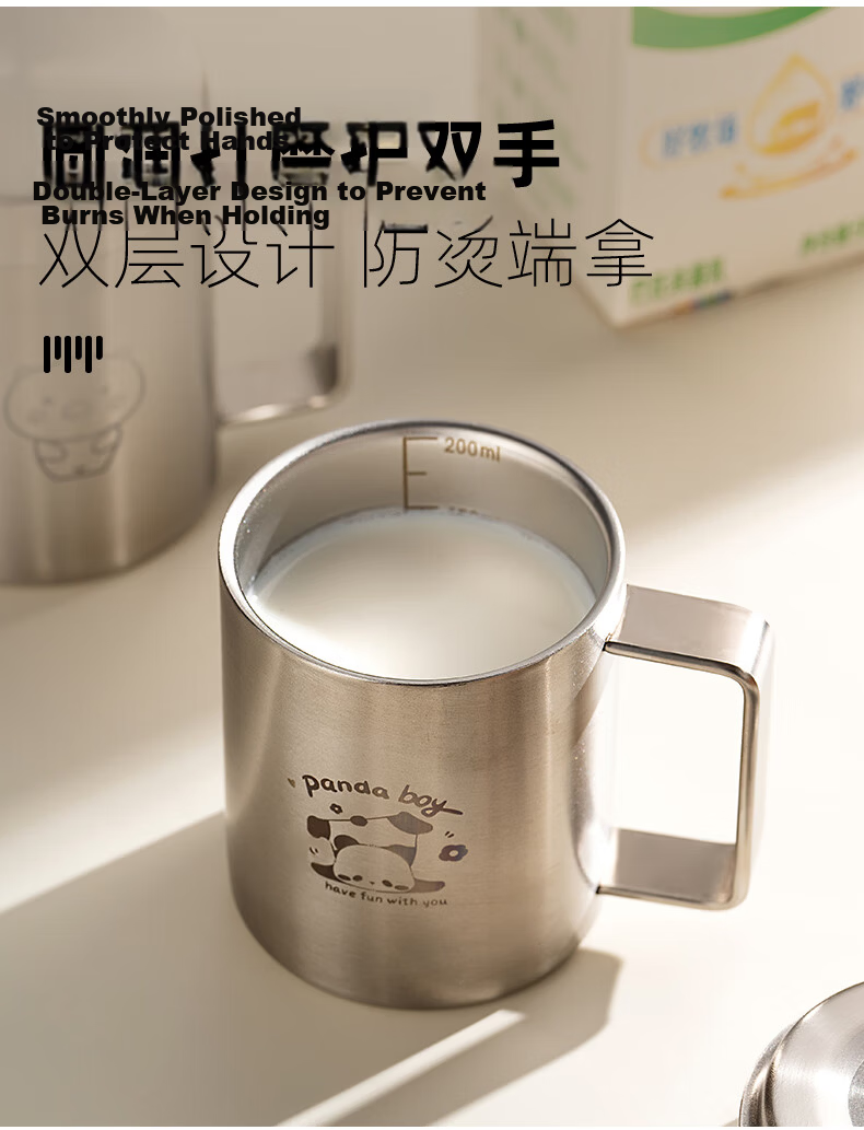 Onlycook 316 Stainless Steel Double-Layer Water Cup with Scale, Anti-Scald Milk Cup, Drop-Resistant, 300ml with Lid, Pig Design 7