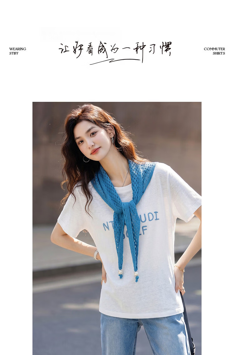 Demana [Comfort Cloud Cotton] Summer Urban Minimalist Style Scarf Letter Embroidery Slim Fit Short Sleeve T-Shirt for Petite Women 9