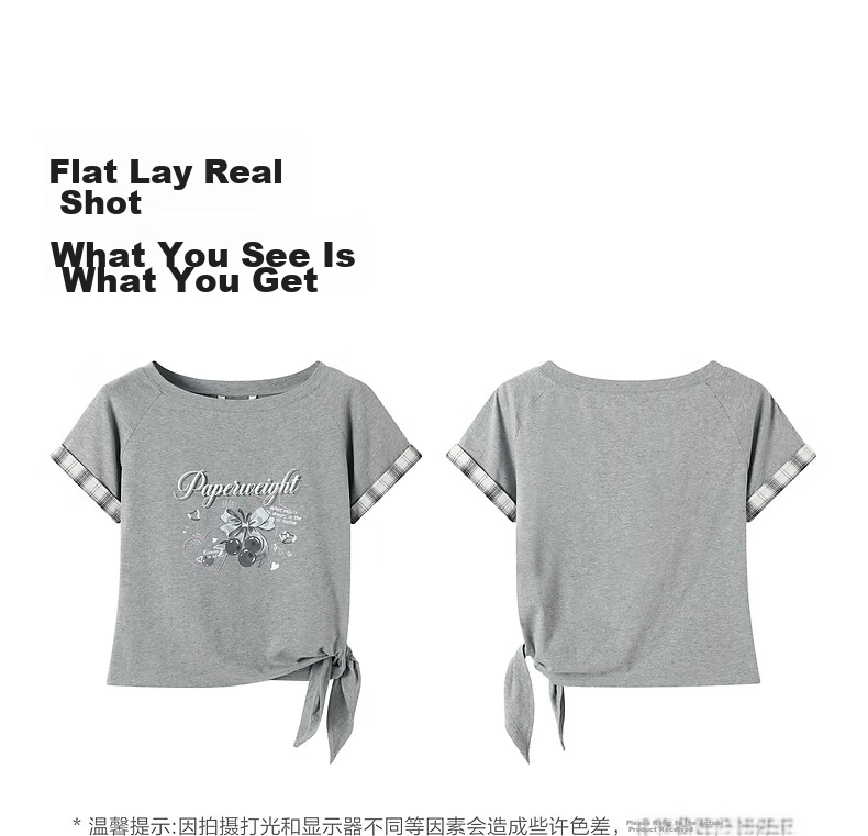 TonLion 2026 Summer New Slim Fit Gray Patchwork Short Sleeve T-Shirt for Women Stylish Casual Designer Niche Top 5