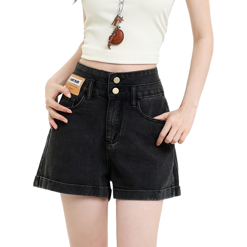 Jeanswest Women's Summer 2026 High-Waist Loose Slimming Wide-Leg A-Line Black Gray Denim Shorts S