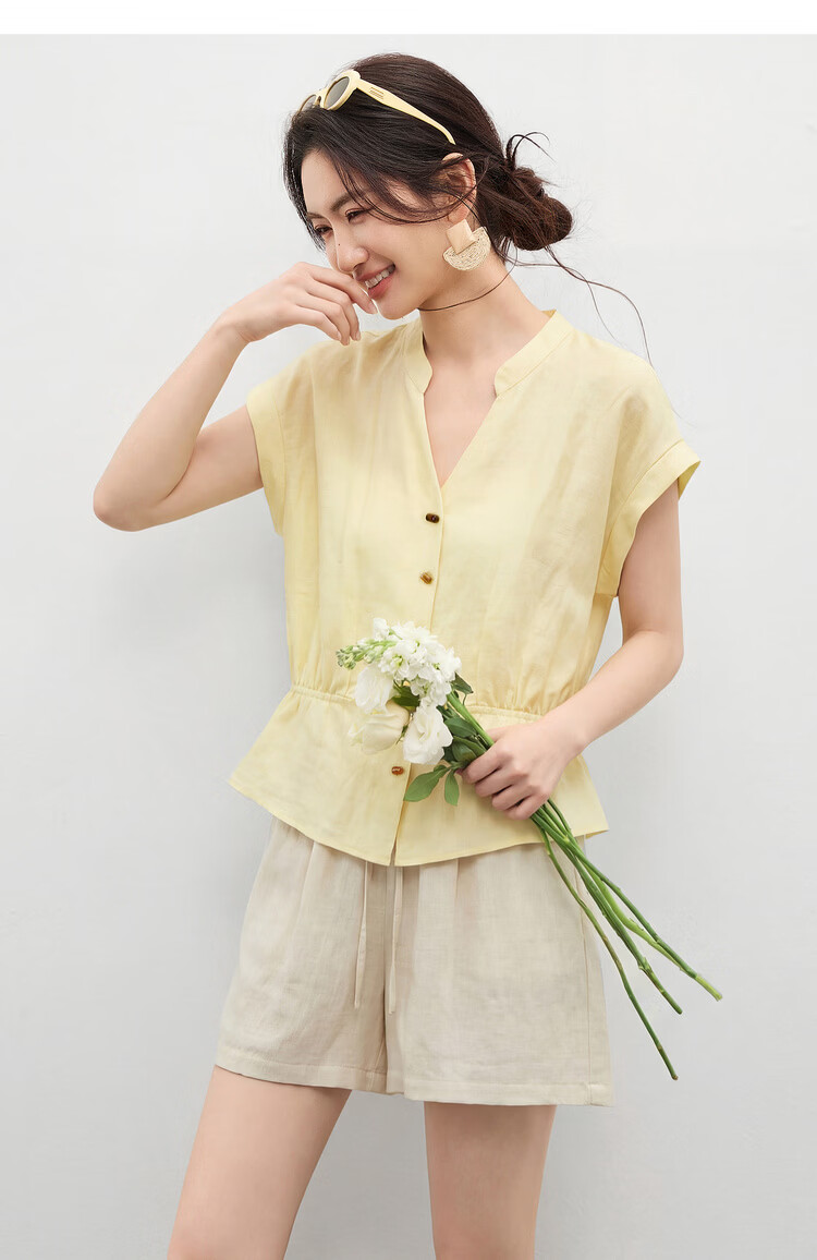 Shangdu Bila Linen Blend Stand Collar Shirt for Women Spring Summer Color-Block Button Slim Fit Flutter Sleeve Waist-Defined Short Sleeve Elegant Top 17