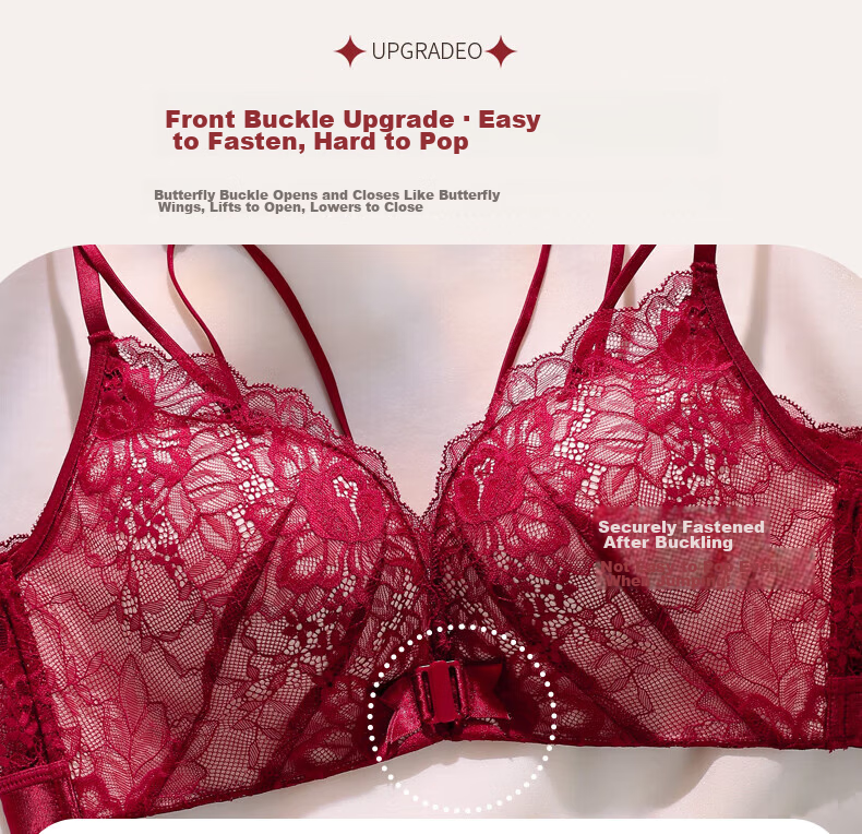 KJ Front Closure Bra Set for Women Sexy Backless Wireless Push-Up Plus Size Bra Red Year Premium Gift 13