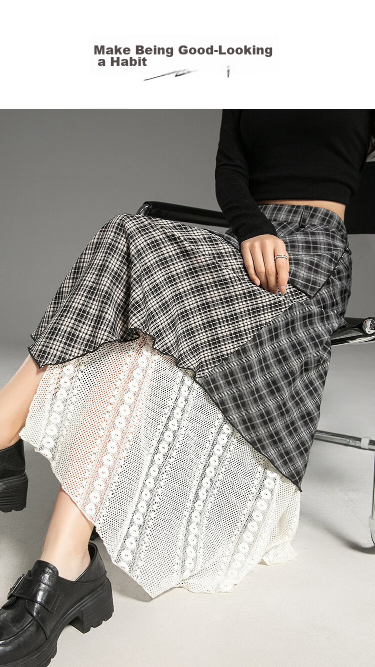 Demana Vintage Date Autumn Design Patchwork Plaid Striped A-Line Slimming Concealment High-End Women's Skirt 1