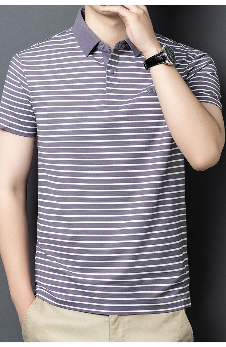 Edenbo Men's Short Sleeve Polo Shirt Spring Summer Striped Skin-Friendly Commuter Top Navy Blue 170/88A (L) 16