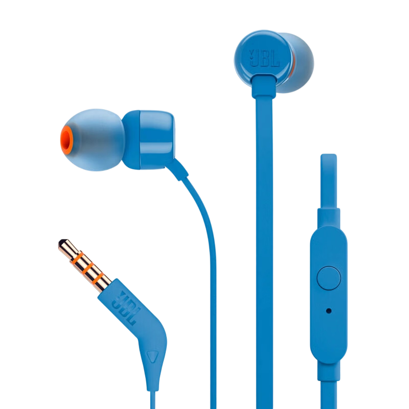 JBL T110 Wired Stereo In-Ear Headphones with Microphone for Computer Gaming and Sports, Compatible with 3.5mm Devices, Blue