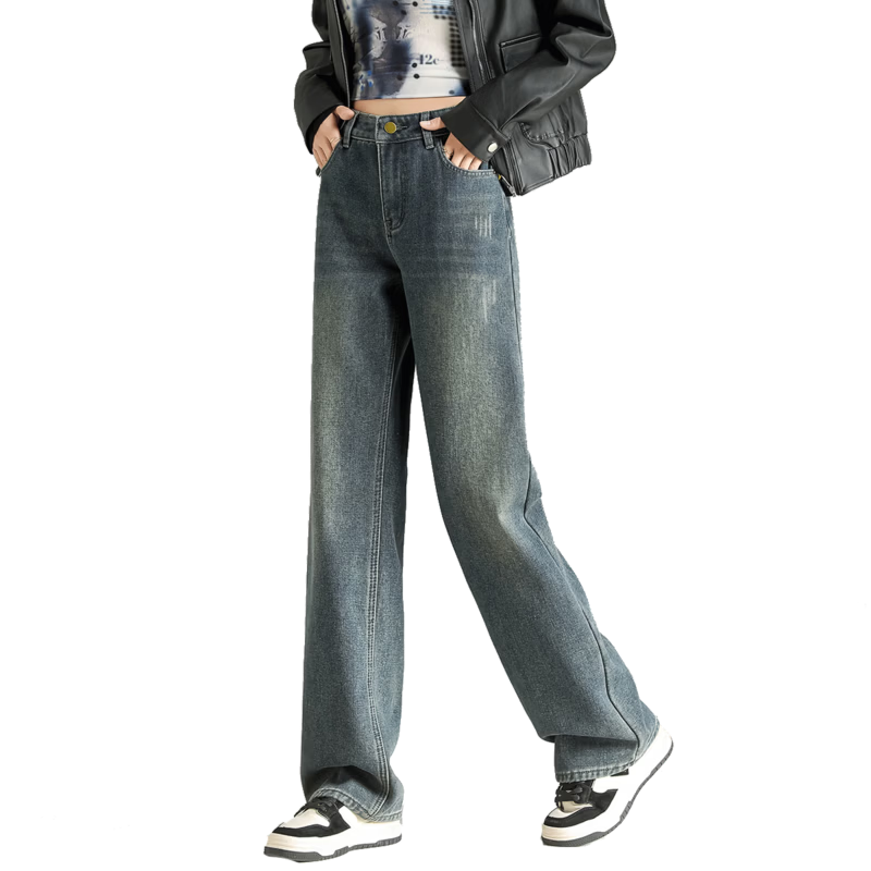 TonLion 2025 Winter Fleece-Lined Thickened High-Waist Korean Style Straight-Leg Vintage Versatile Denim Pants