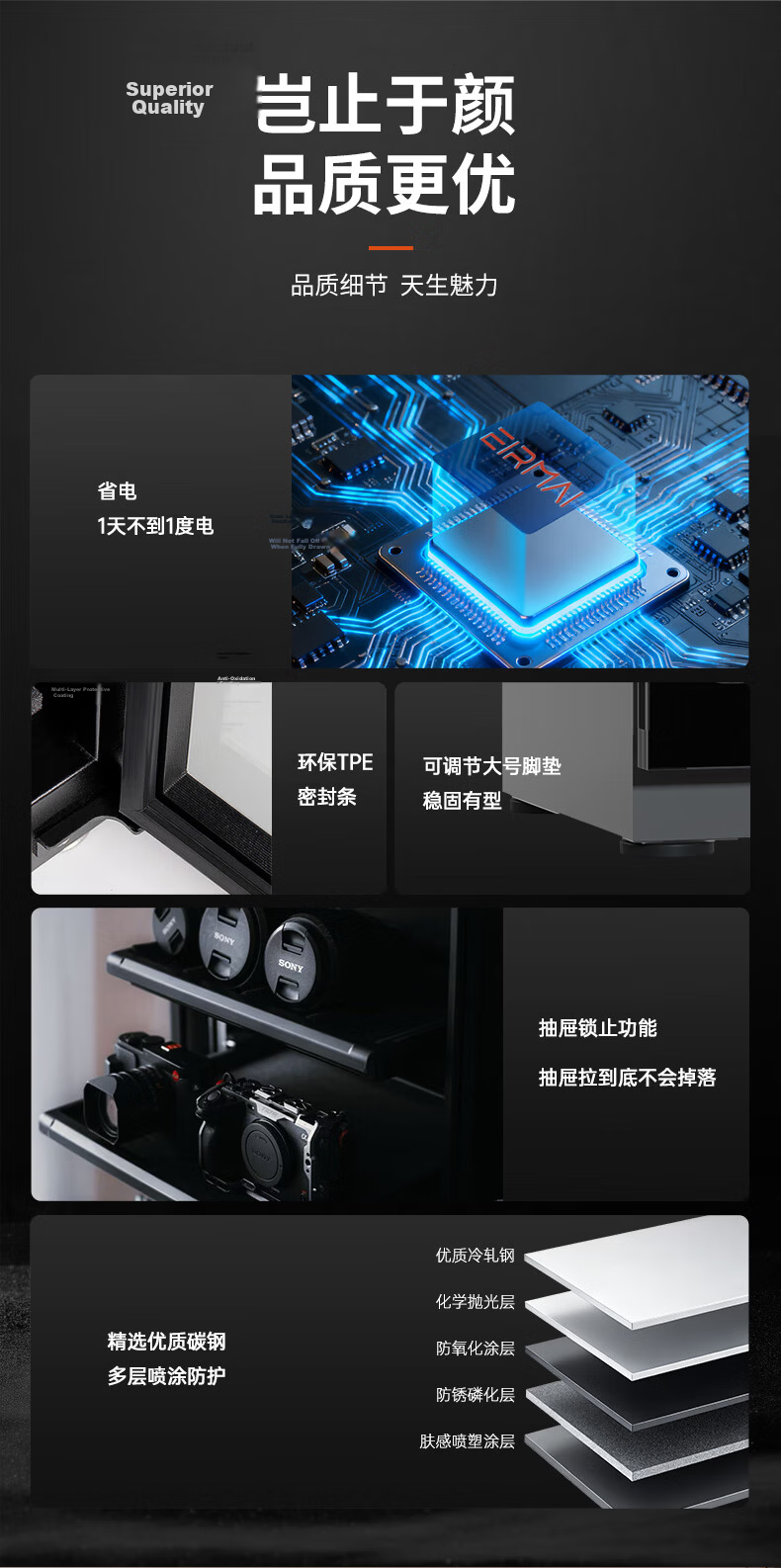 EIRMAI MRD-45TM DSLR Camera Dry Cabinet Storage Box Photography Equipment Dehumidifier Professional Lens Dry Cabinet Electronic Dehumidifier Touchscreen White 40L 10