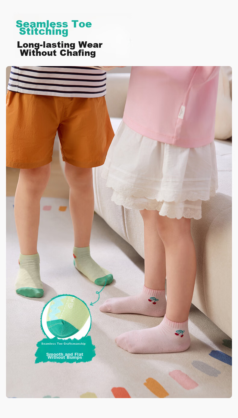 PurCotton Children's Antibacterial Mid-Calf Socks, 3 Pairs, for Boys And Girls, Baby Socks, All-Season Mesh Floor Socks 12
