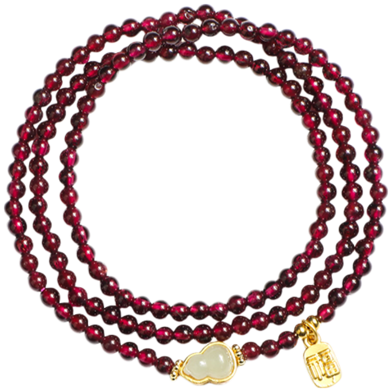 Emei Mountain Garnet Multi-Layer Bracelet Hetian Jade Gourd Bracelet Zodiac Year Amulet Unisex Mother's Day Gift