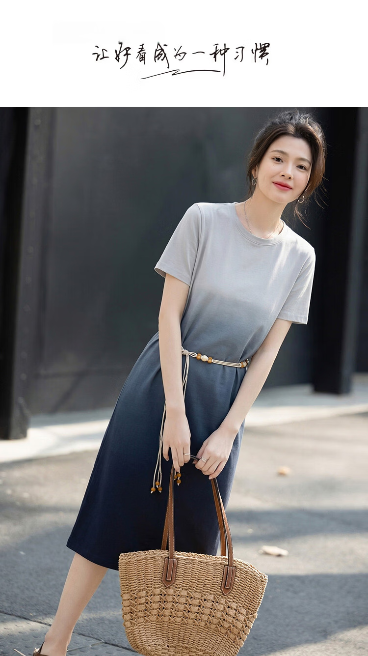 Demana Gradient Tie-Dye Craft Summer Pure Cotton Urban Minimalist Round Neck Belted Slim Fit Dress for Women Premium Feel 1
